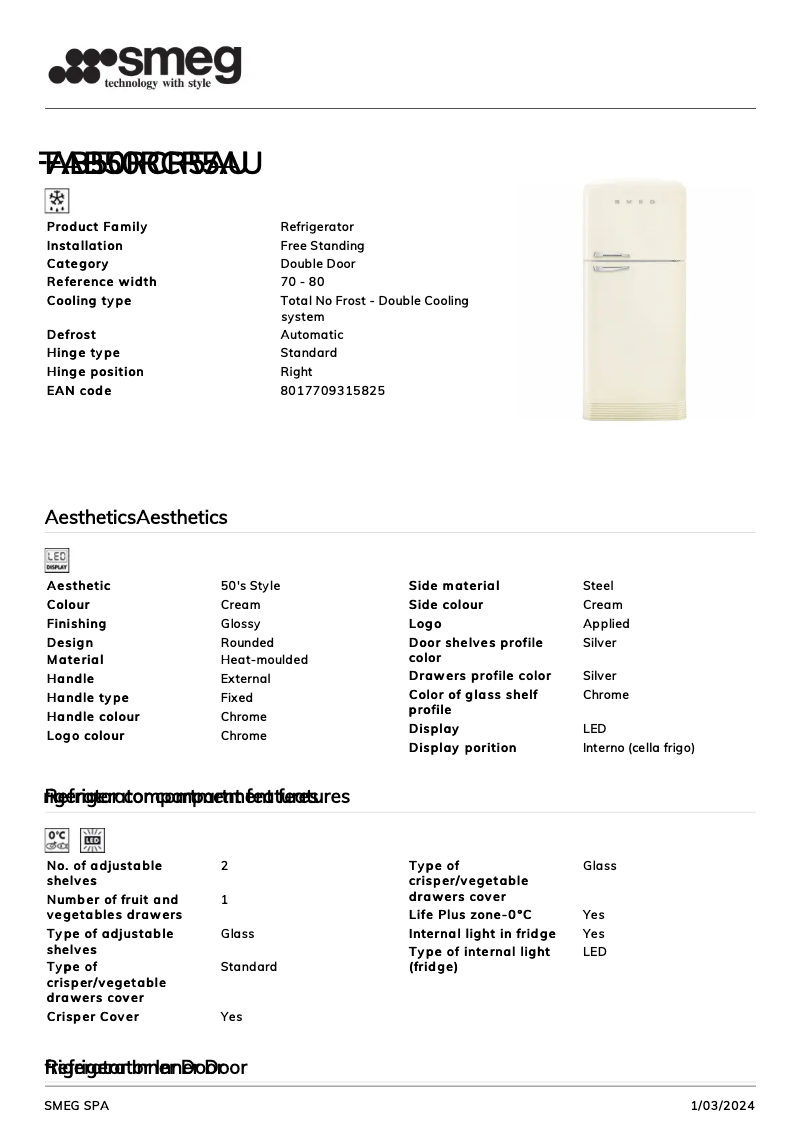 Page 1 de la notice Fiche technique Smeg FAB50RCR5AU