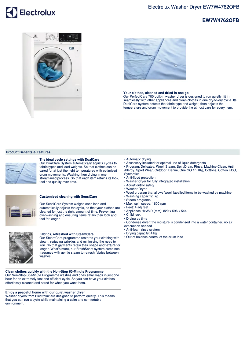Page 1 de la notice Fiche technique Electrolux EW7W4762OFB