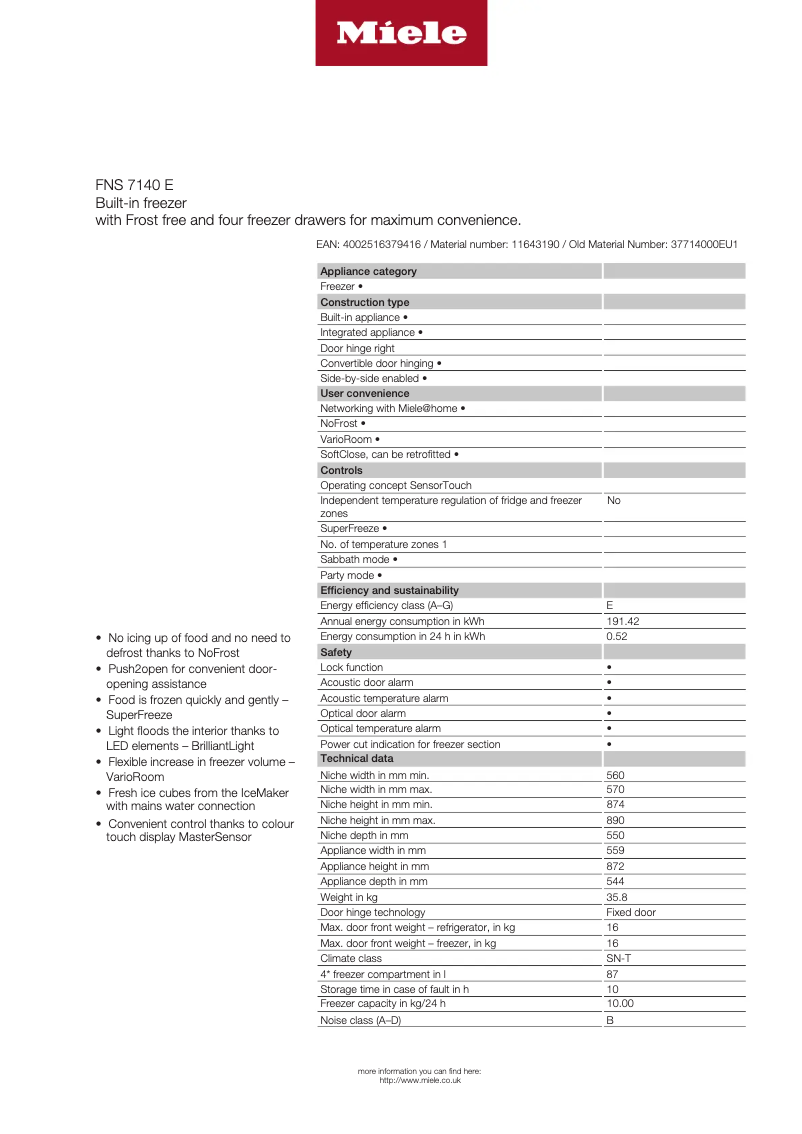Page 1 de la notice Fiche technique Miele FNS 7140 E