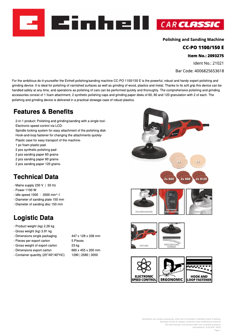 Page n°1 - Fiche technique Einhell CC-PO 1100/150 E