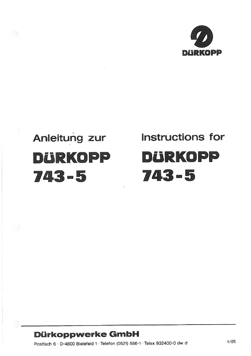 Page n°1 - Manuel utilisateur Dürkopp Adler 743-5