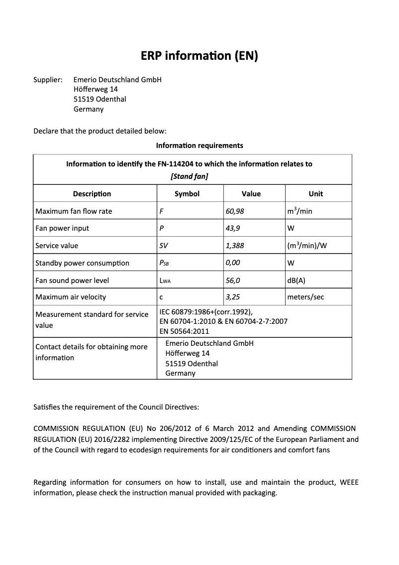 Página 1 del manual Ficha técnica Emerio FN-114204