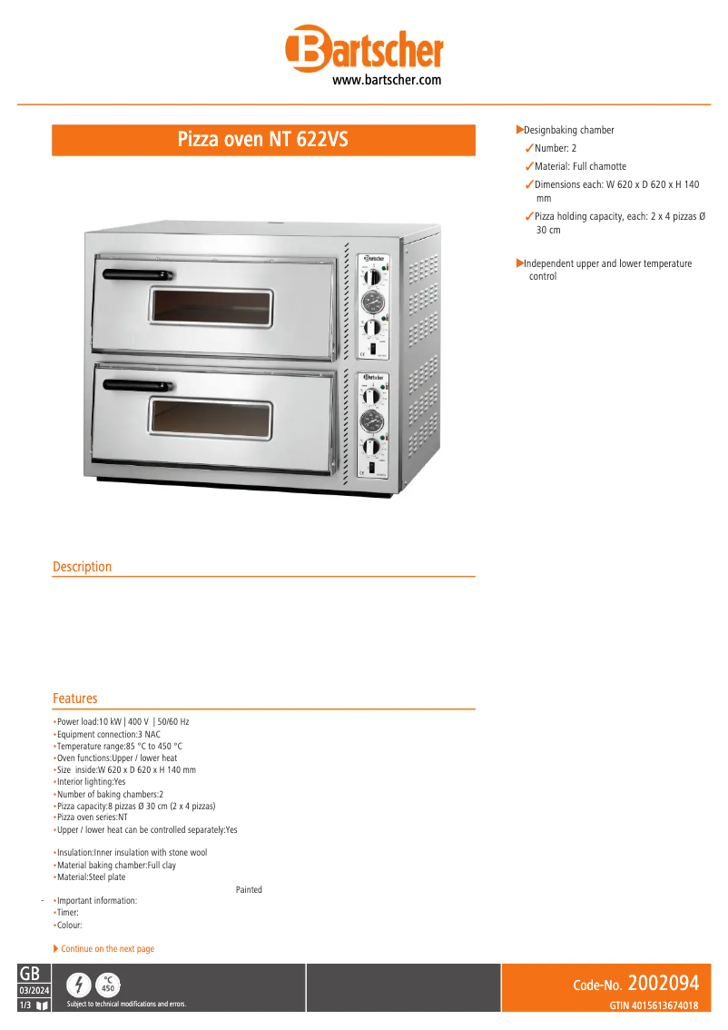 Page n°1 - Fiche technique Bartscher NT 622VS