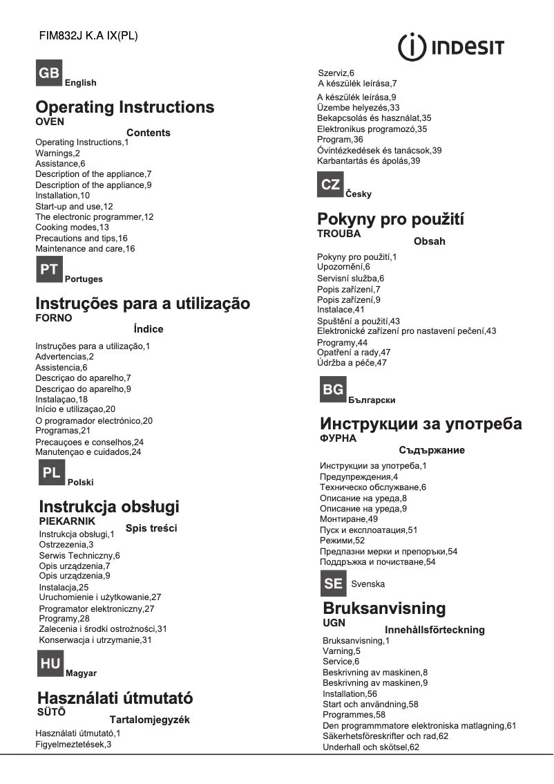 Page 1 de la notice Manuel utilisateur Indesit FIM 832J K.A IX (PL)