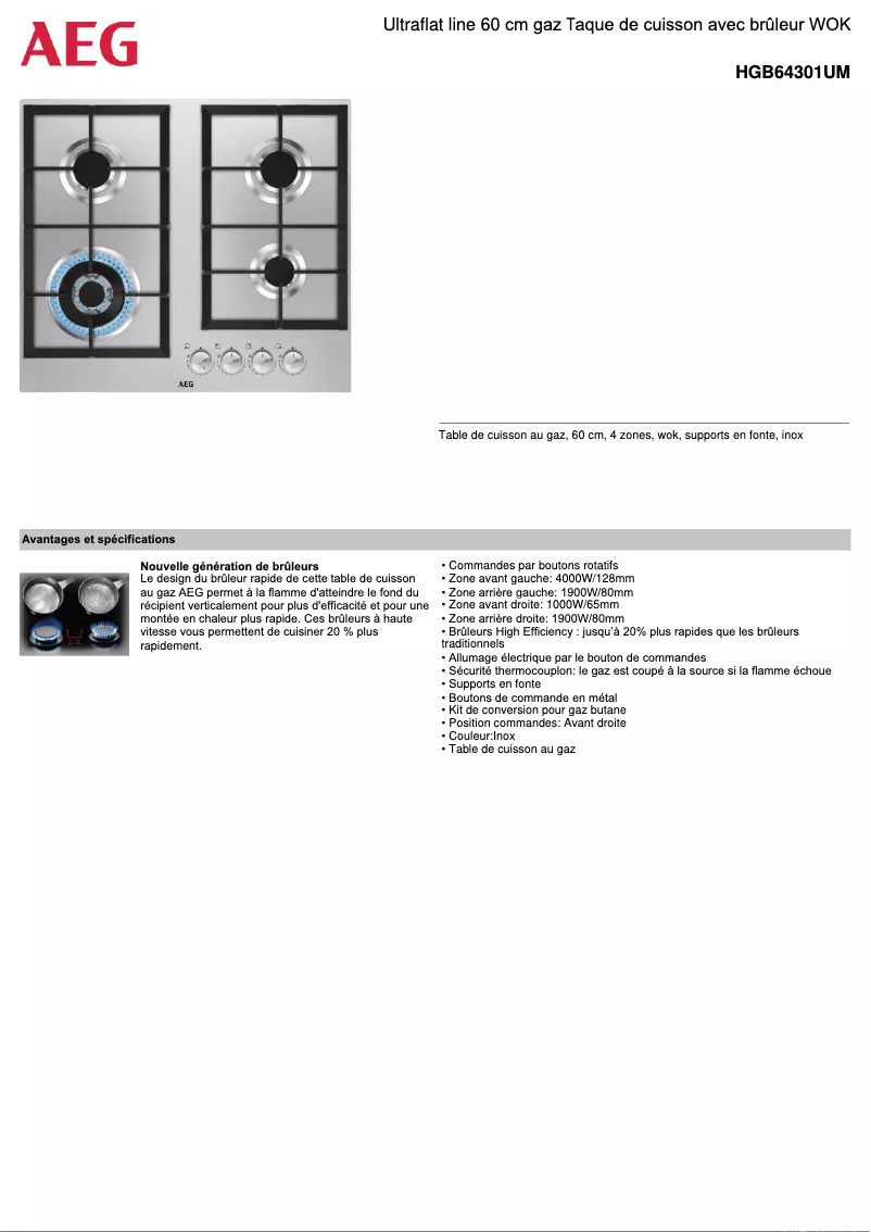 Page 1 de la notice Fiche technique AEG HGB64301UM