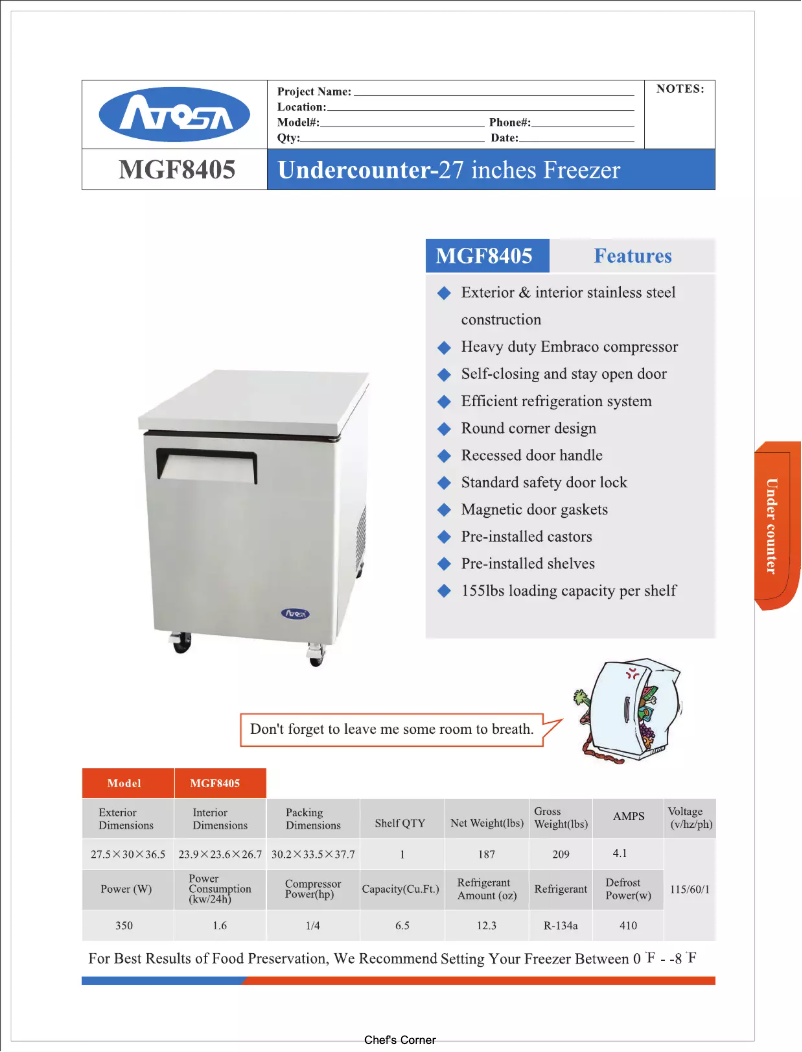 Page n°1 - Manuel d'utilisation et d'entretien Atosa Commercial MGF8405