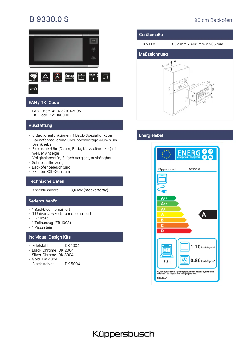 Page n°1 - Fiche technique Küppersbusch B9330.0S