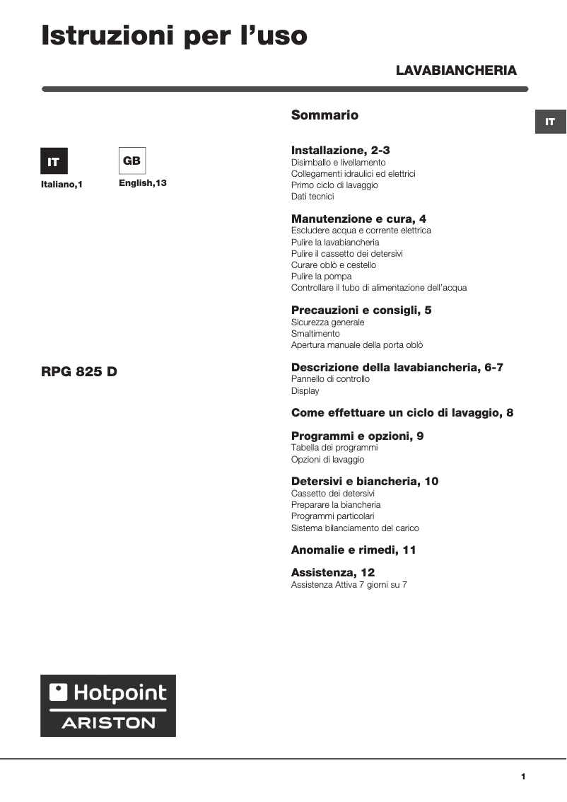 Page n°1 - Manuel utilisateur Hotpoint Ariston RPG 825 DX IT