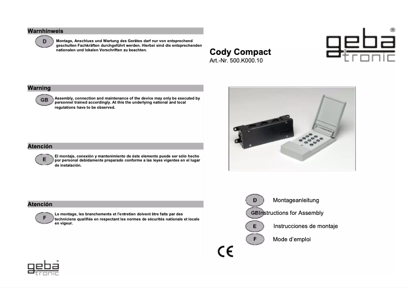 Page n°1 - Manuel utilisateur Geba Tronic Cody Compact