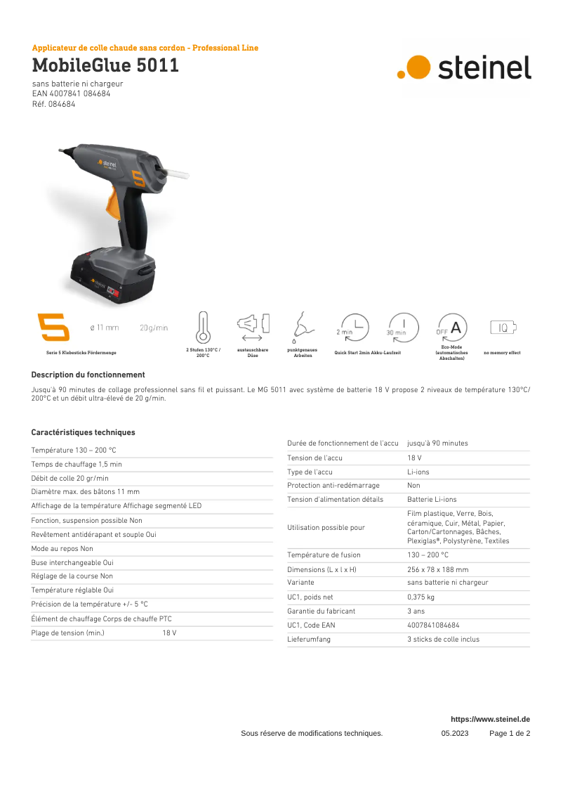 Página 1 del manual Ficha técnica Steinel MobileGlue 5011