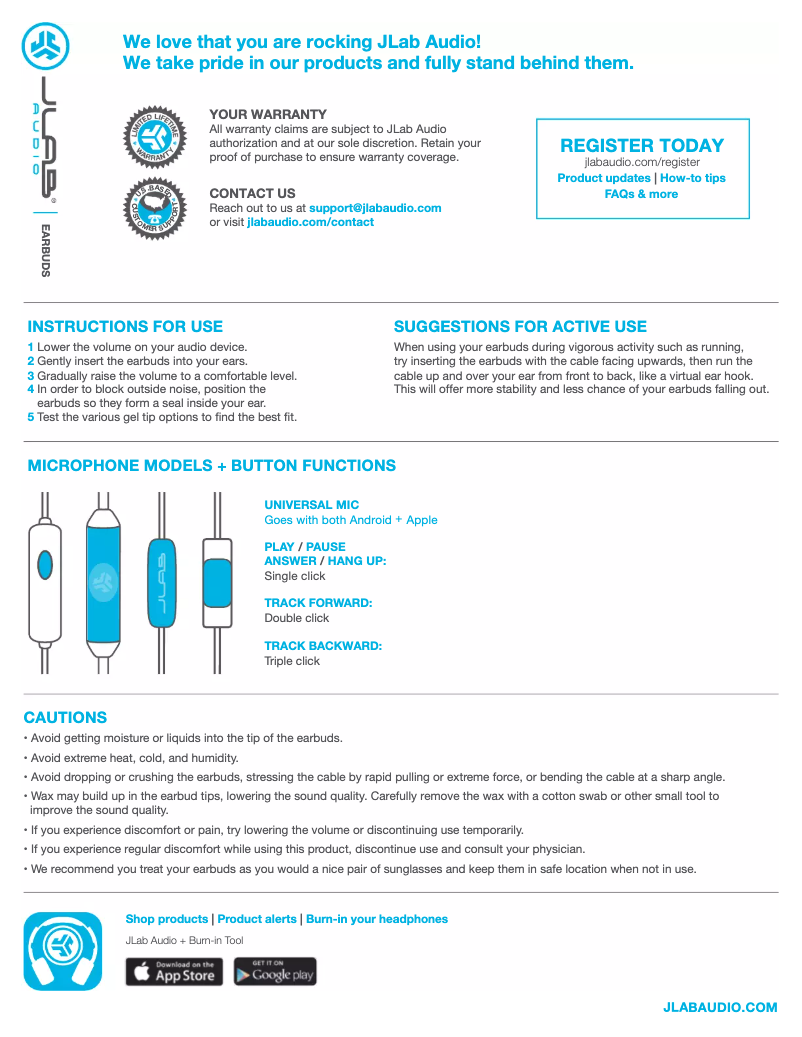 Page 1 de la notice Manuel utilisateur JLab Earbuds