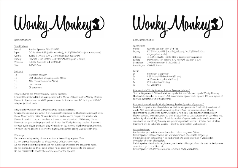 Page 1 de la notice Manuel utilisateur Wonky Monkey WM SP-BT85 Rumble