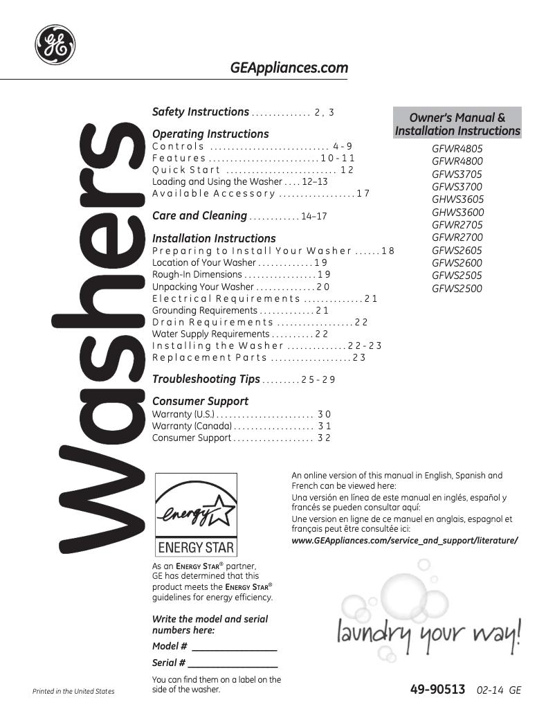 First page image of the manual for GFWS2605