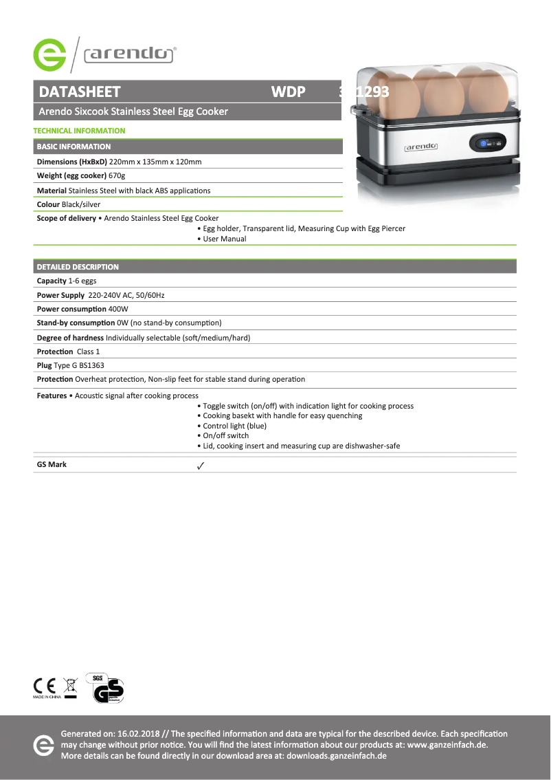 Page n°1 - Fiche technique Arendo SIXCOOK 301293
