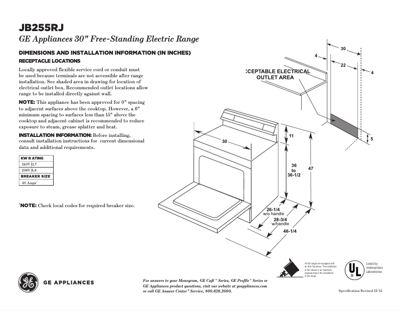 Page 1 of the manual Technical Sheet GE JB255RJSS