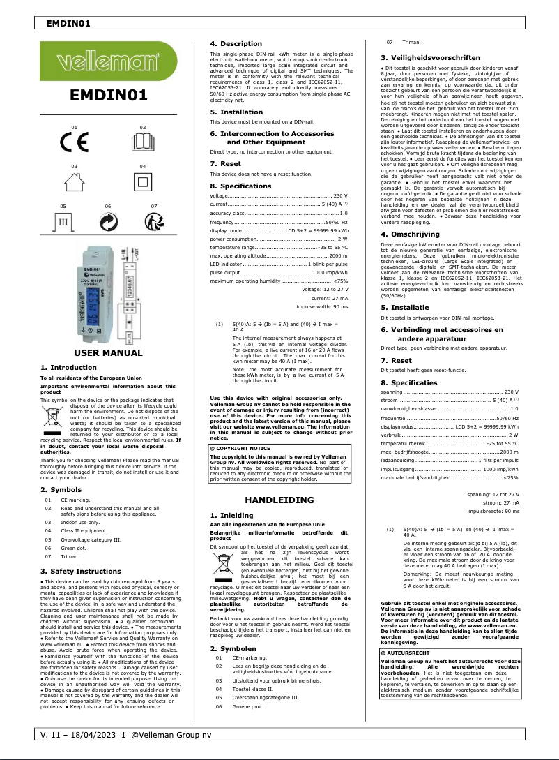 Page 1 de la notice Manuel utilisateur Velleman EMDIN01