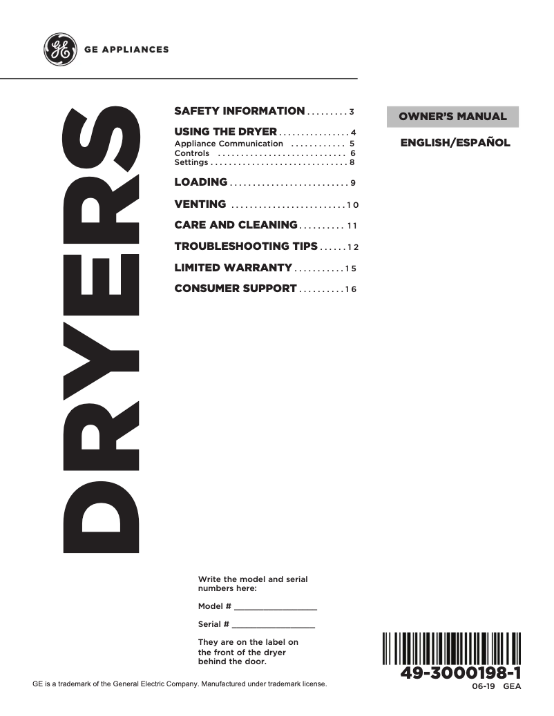 Page n°1 - Manuel d'utilisation et d'entretien GE GTD84GCPNDG