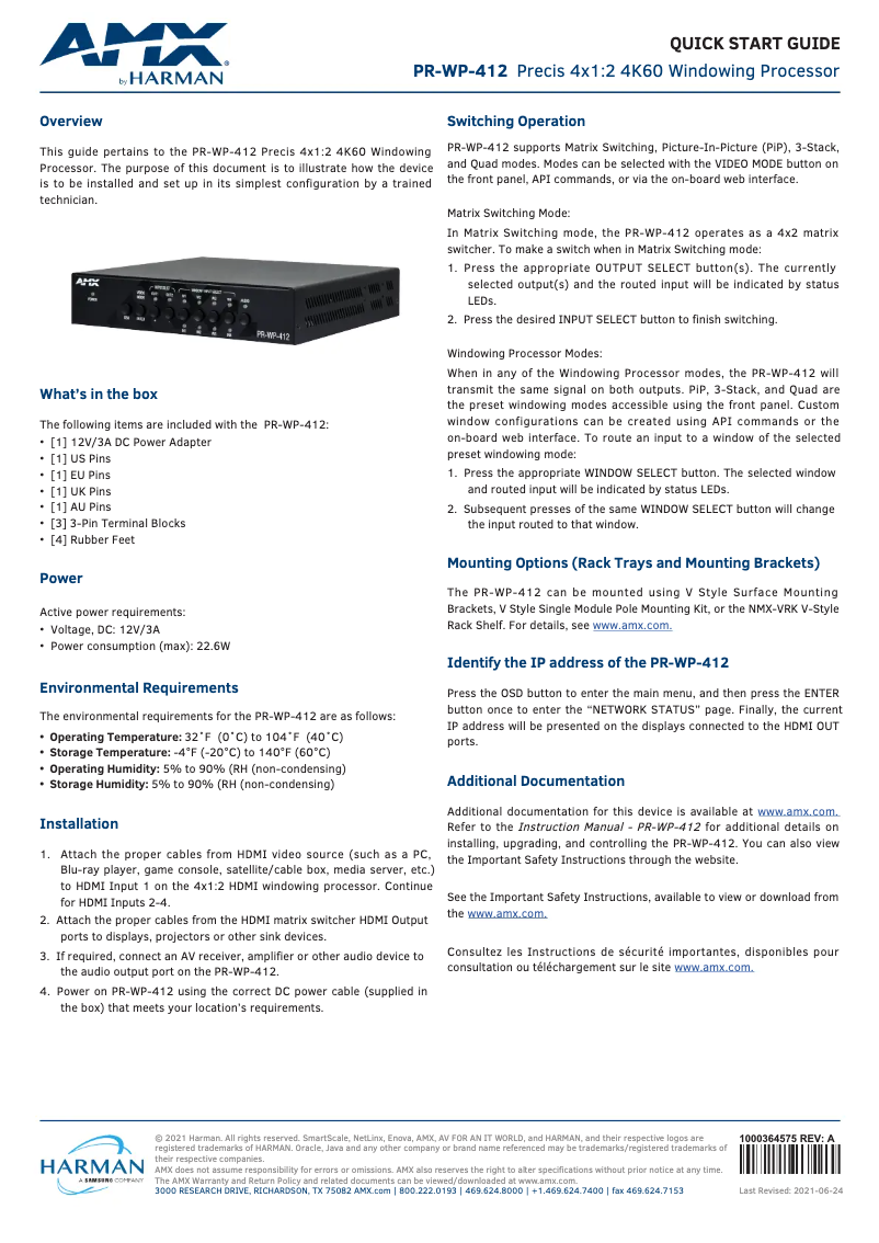Page 1 de la notice Manuel utilisateur AMX PR-WP-412