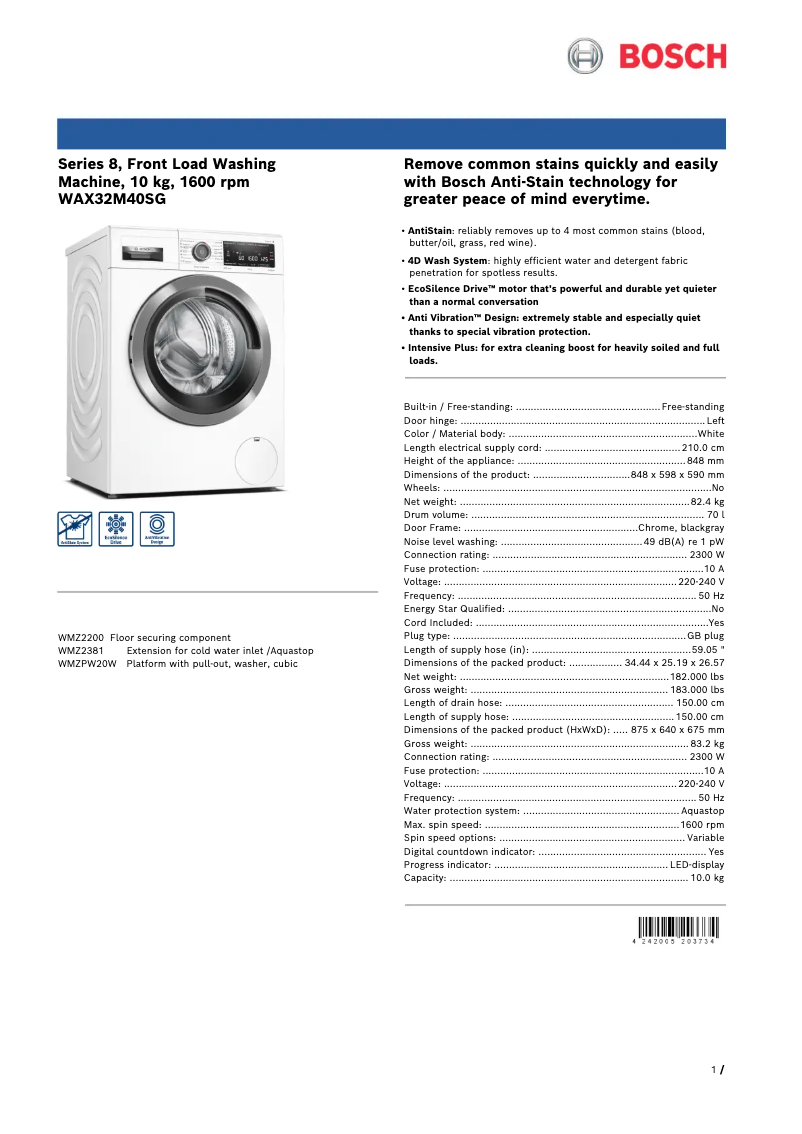 Page 1 of the manual Technical Sheet Bosch WAX32M40SG