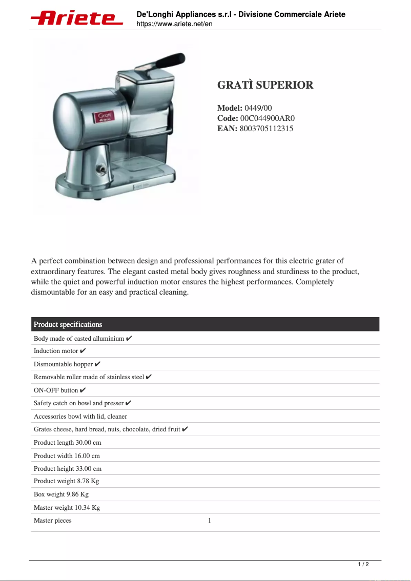 Page 1 de la notice Fiche technique Ariete Gratì Superior 0449