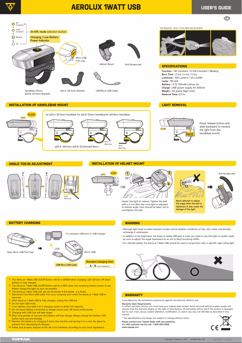 Page n°1 - Manuel utilisateur Topeak AeroLux