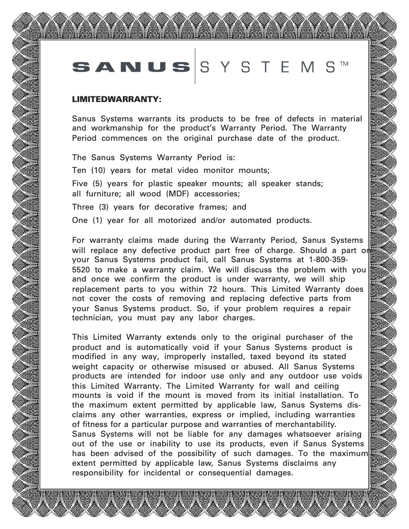 Page n°1 - Informations de garantie Sanus VisionMount MC1A