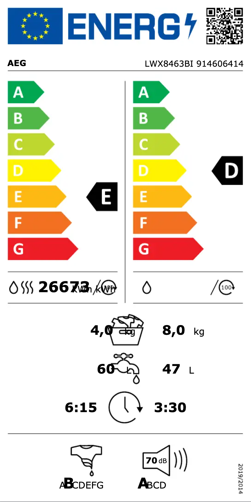 Page n°1 - Label énergétique AEG LWX8463BI