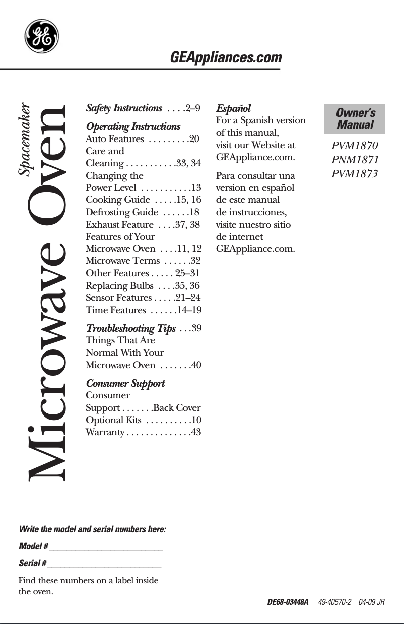 Page n°1 - Manuel utilisateur GE Spacemaker PVM1870SMSS