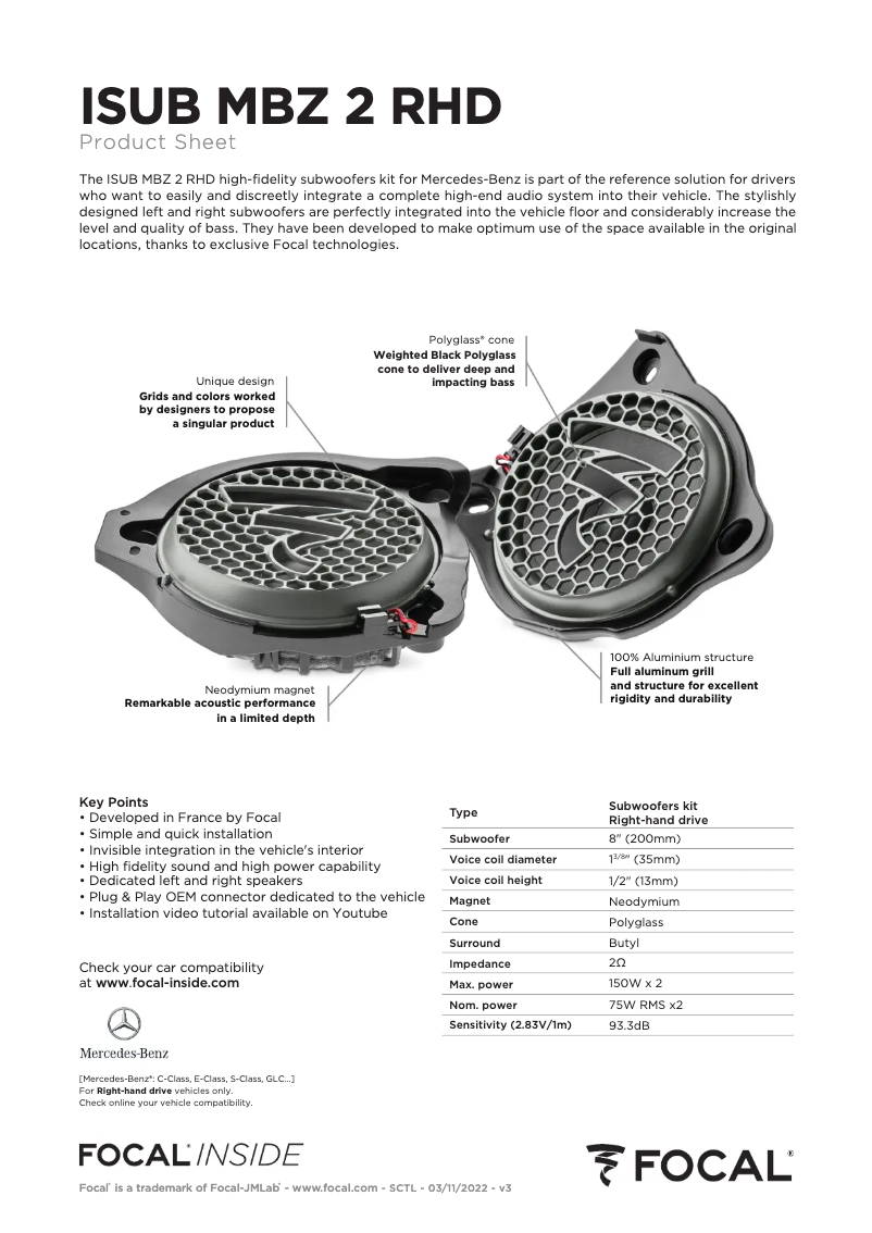 Page 1 de la notice Fiche technique Focal ISUB MBZ 2 RHD v2