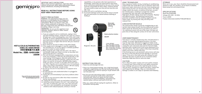 Image de la première page du manuel de l'appareil GHDD16BK