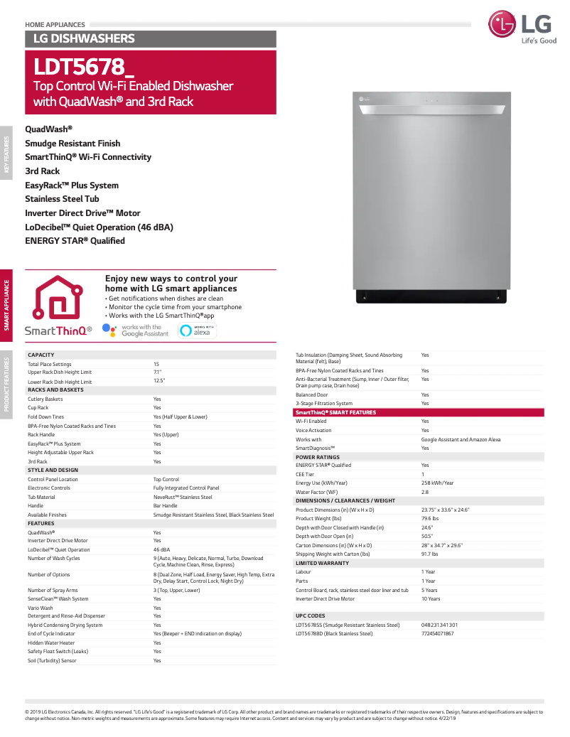 Página 1 del manual Ficha técnica LG LDT5678SS