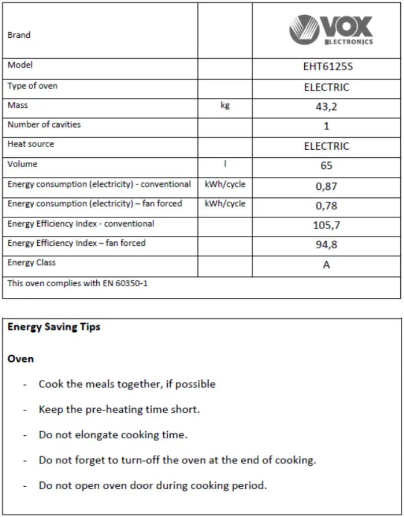 Page 1 of the manual Technical Sheet VOX EHT 6125 S