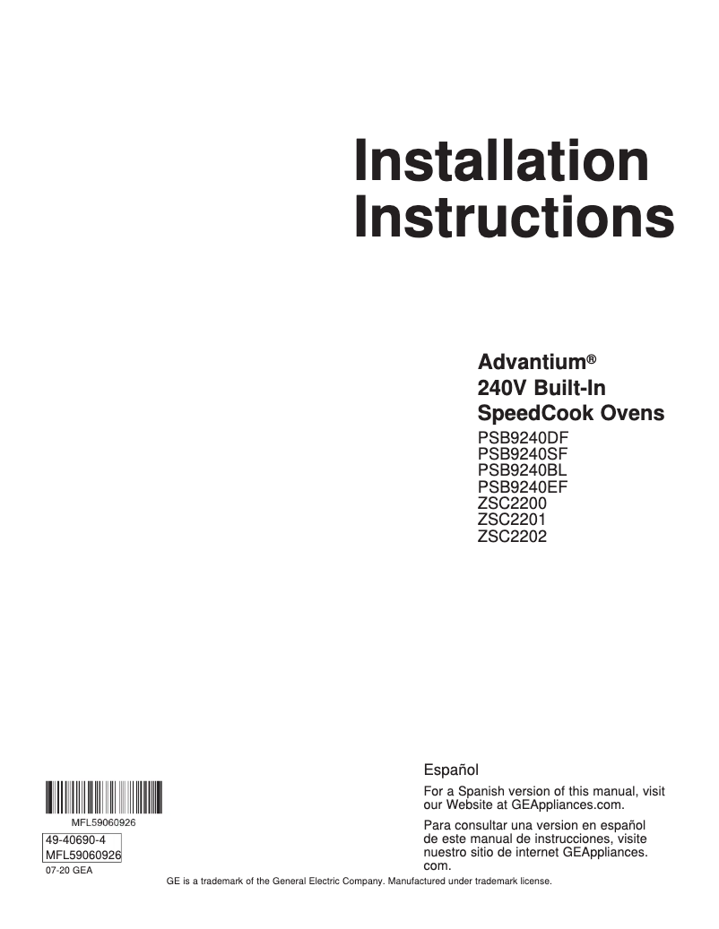 Page n°1 - Guide d'installation GE PSB9240SFSS