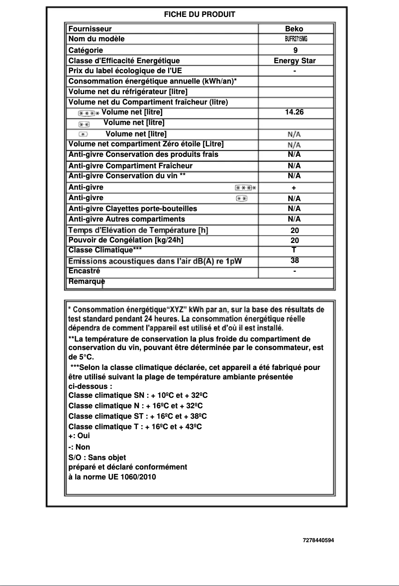 Page 1 de la notice Fiche technique Beko BUFR2715MG