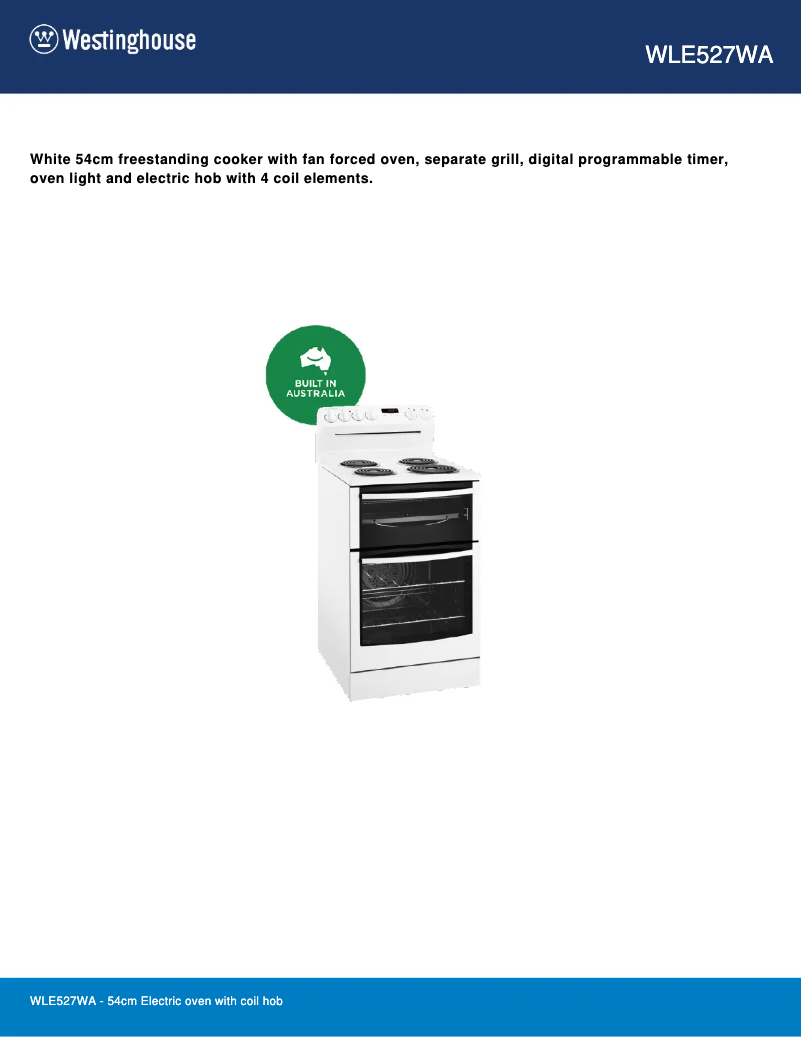 Page 1 de la notice Fiche technique Westinghouse WLE527WA