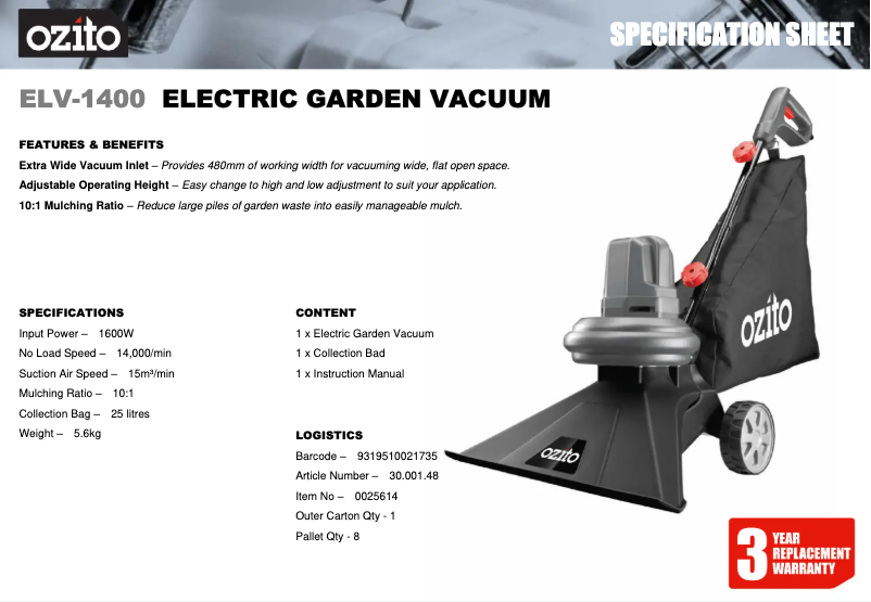 Página 1 del manual Ficha técnica Ozito ELV-1400