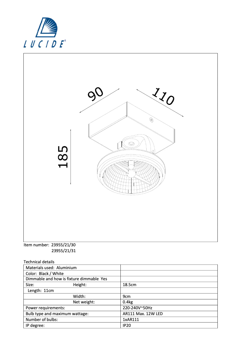 Page 1 de la notice Manuel utilisateur Lucide Xentrix 23955/21/30