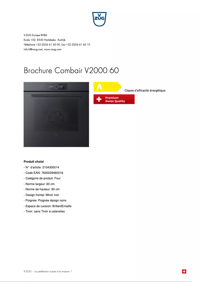 Page 1 de la notice Brochure V-Zug Combair V2000 60