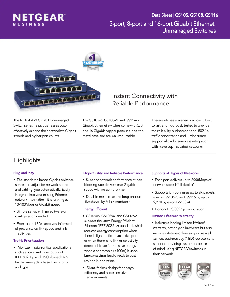 Page n°1 - Fiche technique Netgear ProSafe GS108v4