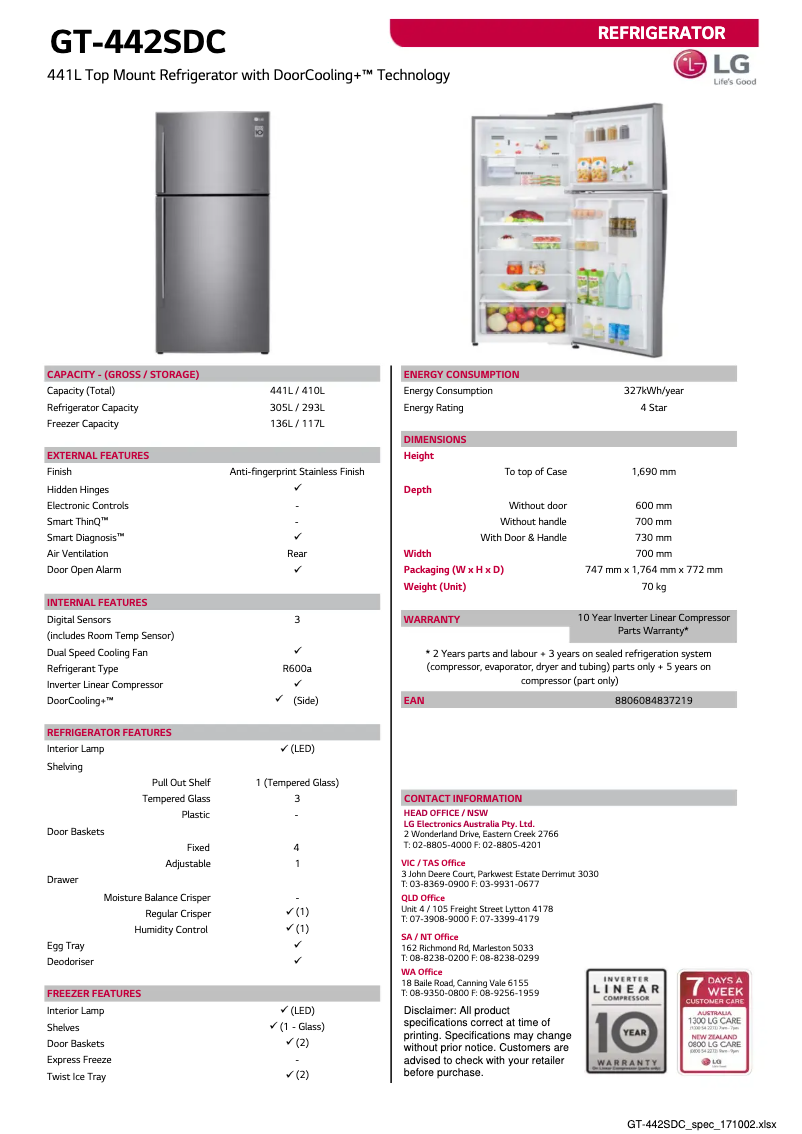 Página 1 del manual Ficha técnica LG GT-442SDC