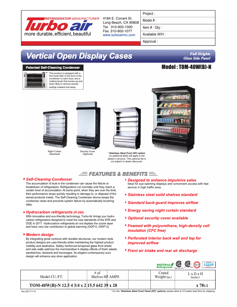 Page 1 de la notice Fiche technique Turbo air TOM-40
