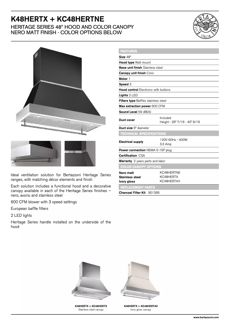 Page 1 de la notice Fiche technique Bertazzoni KC48HERTX