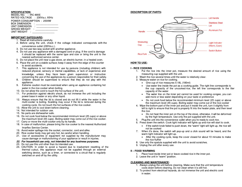 Image de la première page du manuel de l'appareil IRC-800E
