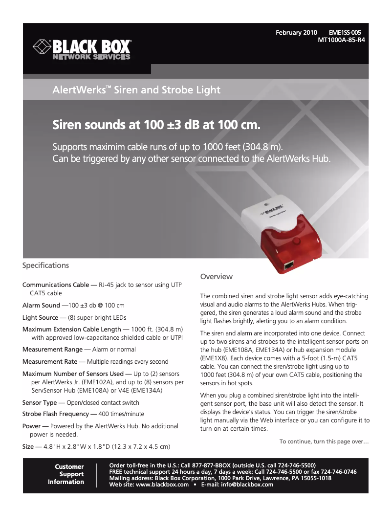 Page 1 de la notice Manuel utilisateur Black Box AlertWerks EME1SS-005