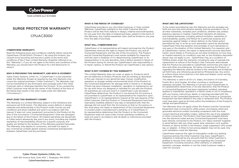 Page n°1 - Informations de garantie CyberPower CPUAC3000