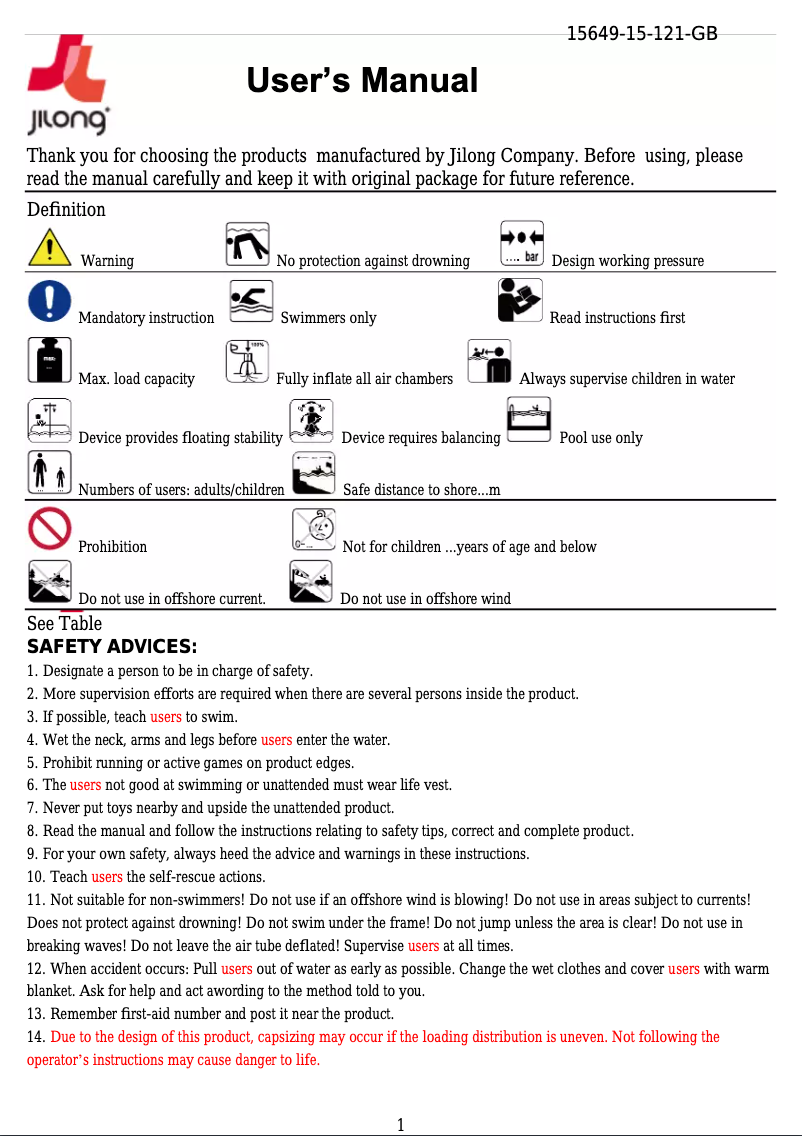 Page 1 de la notice Manuel utilisateur JILONG JL027111NPF