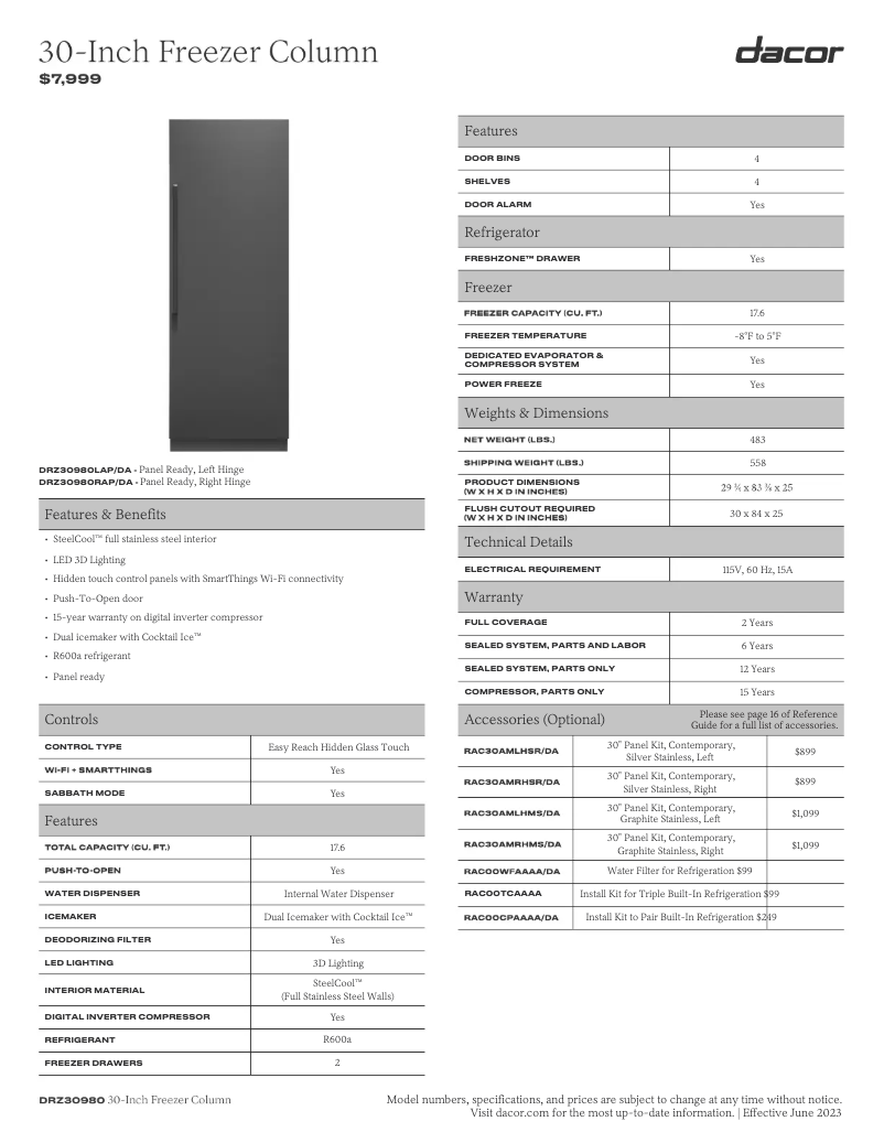 Page 1 de la notice Fiche technique Dacor RAC30AMLHSR
