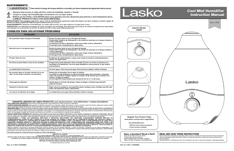 Page n°1 - Manuel utilisateur Lasko Ultrasonic Cool Mist UH200