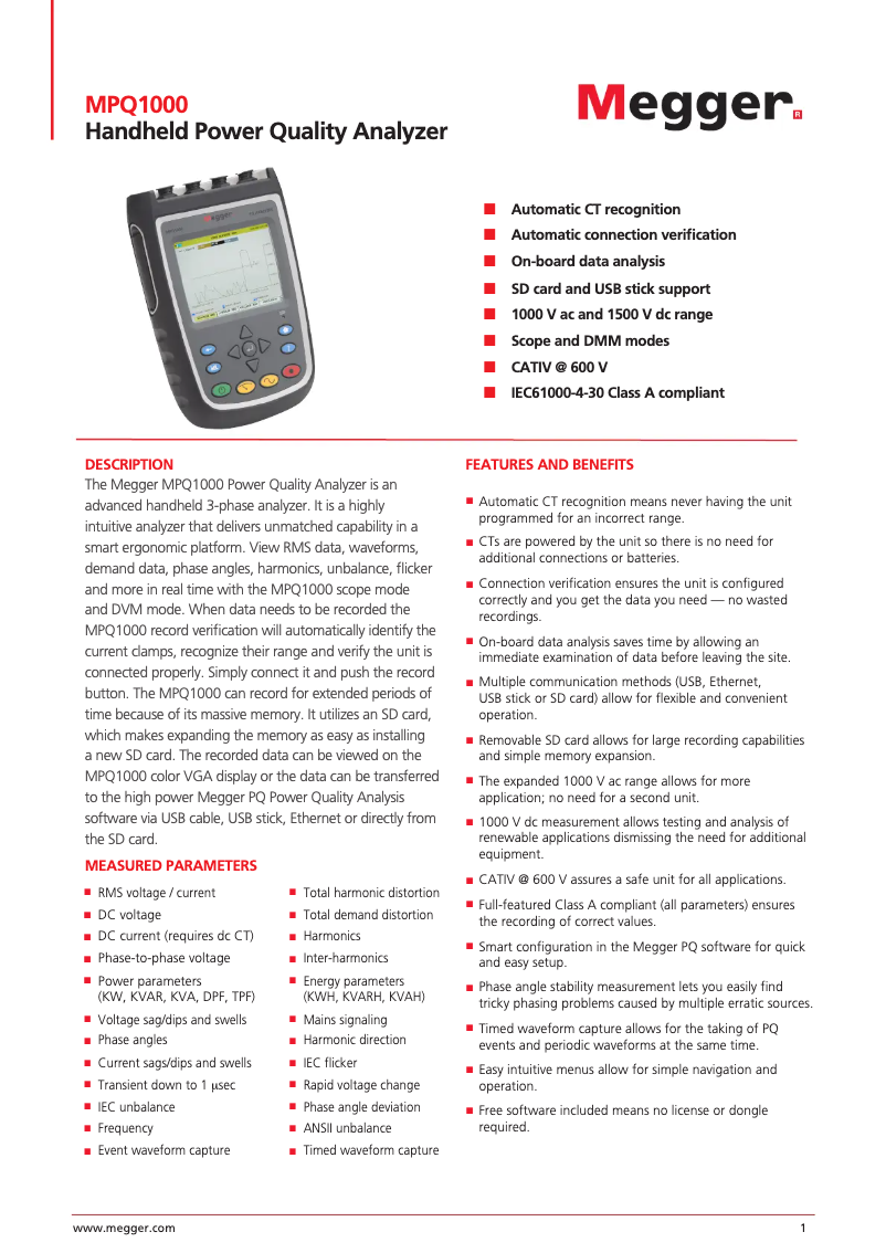Page 1 de la notice Fiche technique Megger MPQ1000