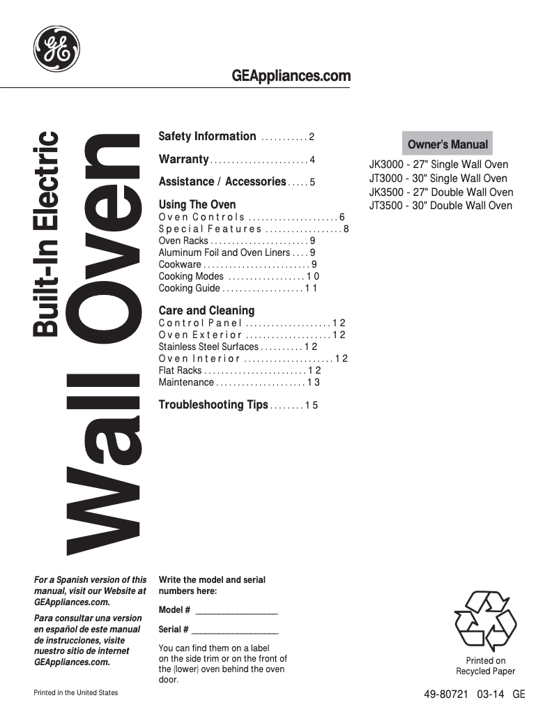 Image de la première page du manuel de l'appareil JT3000DFWW